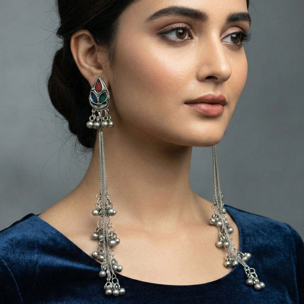 Long oxidized silver dangler earrings with cascading ghungroos for women and girls