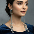 Long oxidized silver dangler earrings with cascading ghungroos for women and girls