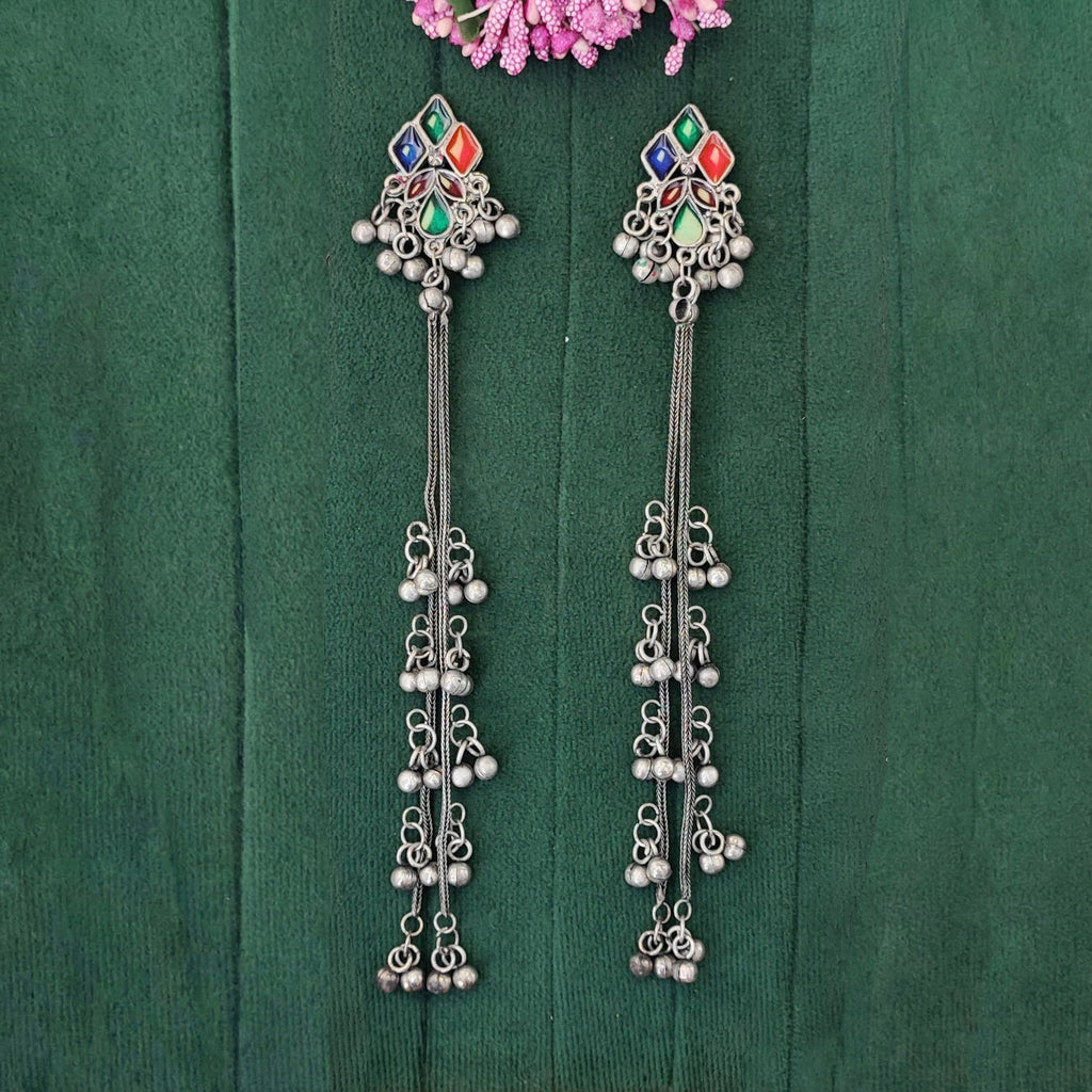 Oxidized Silver Long Multicolor Ghungroo Earrings for Girls