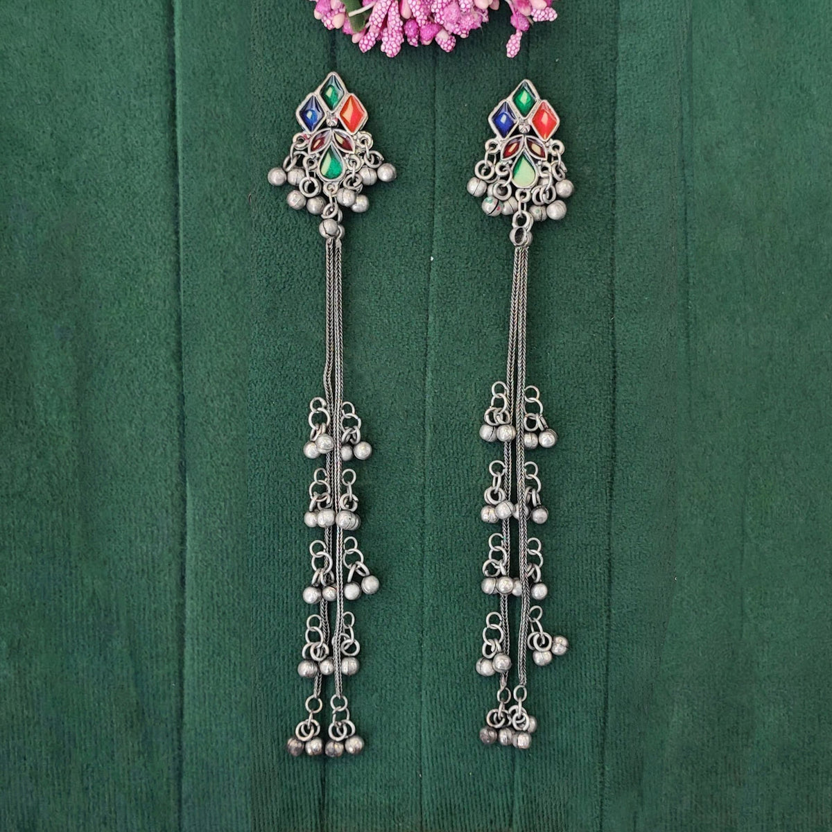 Oxidized Silver Long Multicolor Ghungroo Earrings for Girls