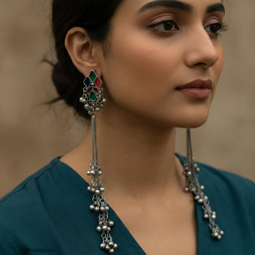 Long oxidized silver ghungroo earrings with colorful beads for girls
