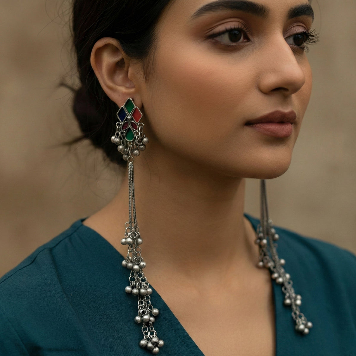 Long oxidized silver ghungroo earrings with colorful beads for girls