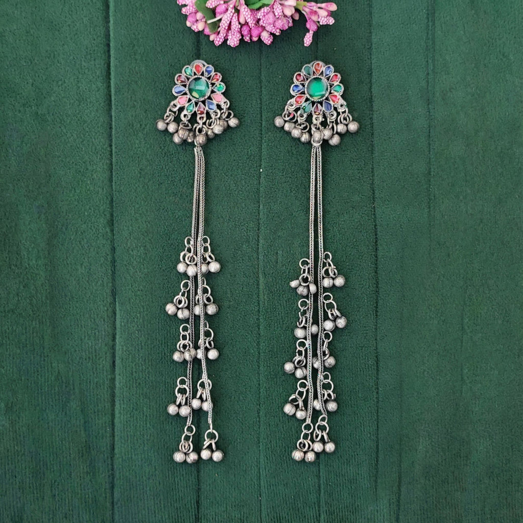 Boho Oxidized Long Earrings with Colorful Stones for Kids