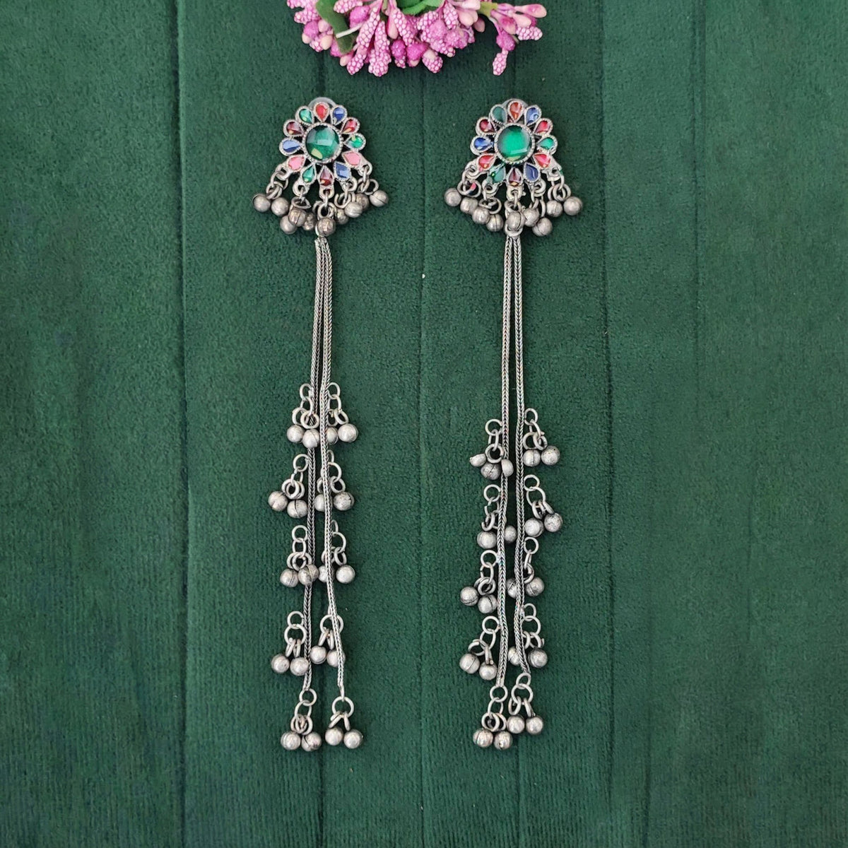Boho Oxidized Long Earrings with Colorful Stones for Kids
