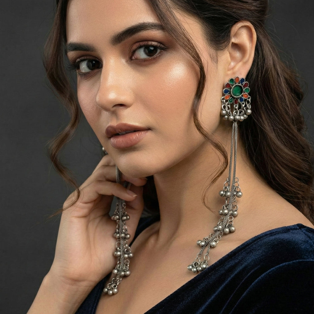 Boho oxidized long earrings with vibrant colorful stones and silver finish.