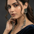 Boho oxidized long earrings with vibrant colorful stones and silver finish.