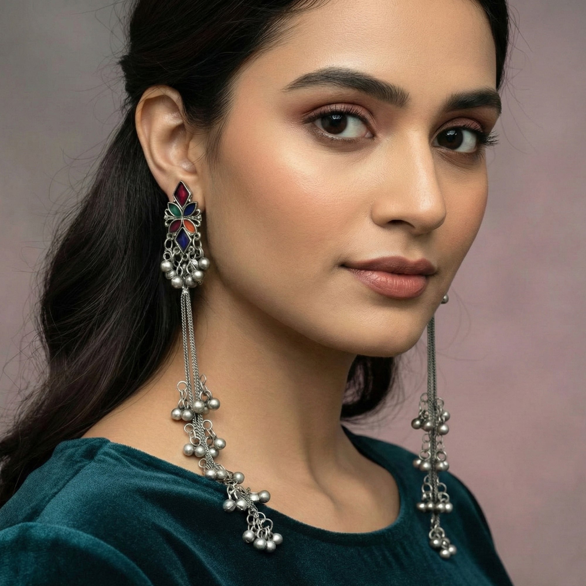 Long oxidized traditional earrings with ghungroo bells for girls