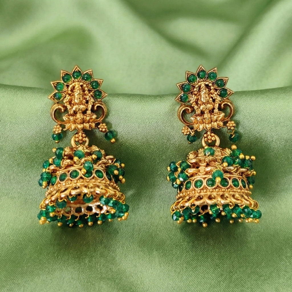 Temple Design Stone Jhumka Earrings for Girls in Rajwadi Polish