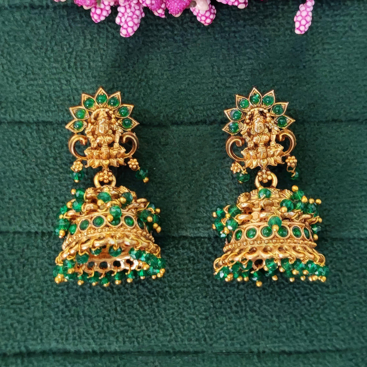 Temple Design Stone Jhumka Earrings for Girls in Rajwadi Polish