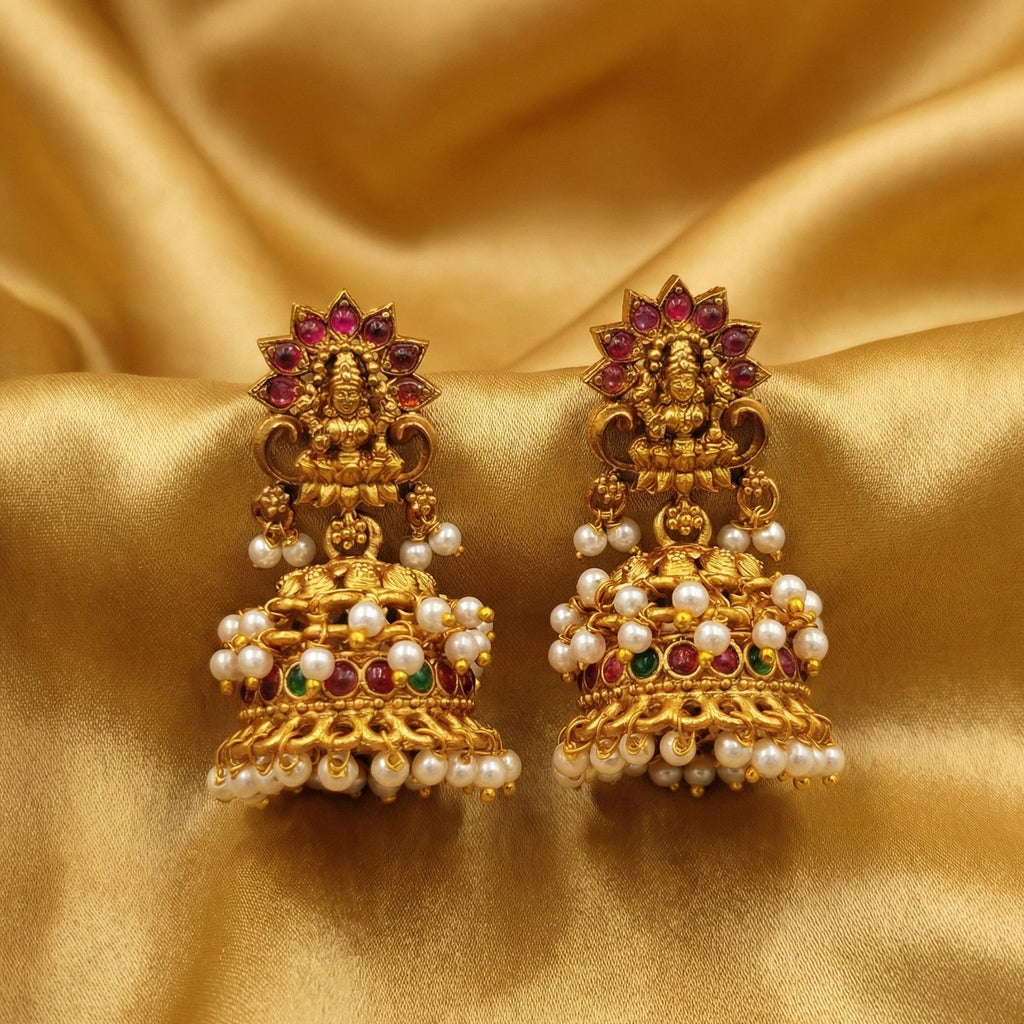 Ornate Temple Design Jhumka Earrings with Rajwadi Polish