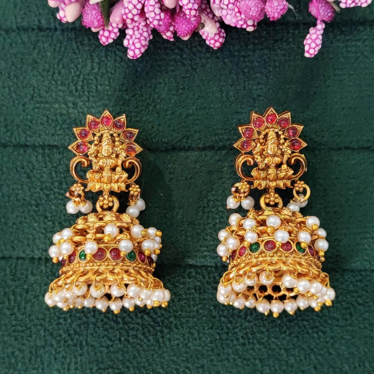 Ornate Temple Design Jhumka Earrings with Rajwadi Polish