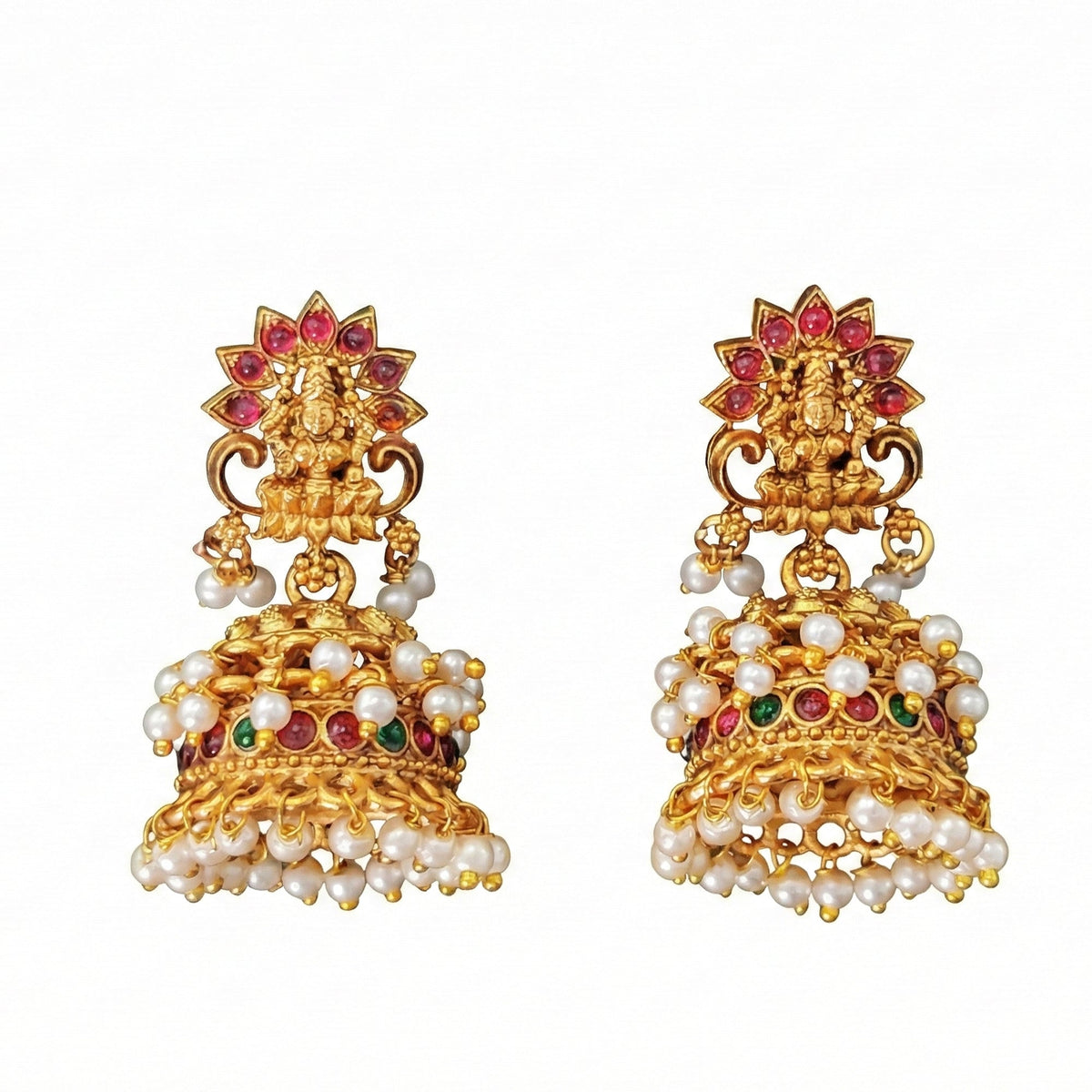 Ornate temple design Jhumka earrings with stone embellishments and antique Rajwadi polish