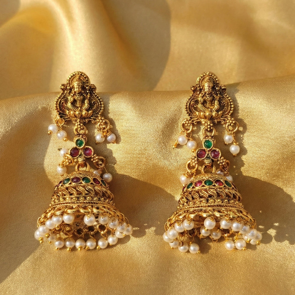 Traditional Rajwadi Pearl Temple Jhumka Earrings for Kids