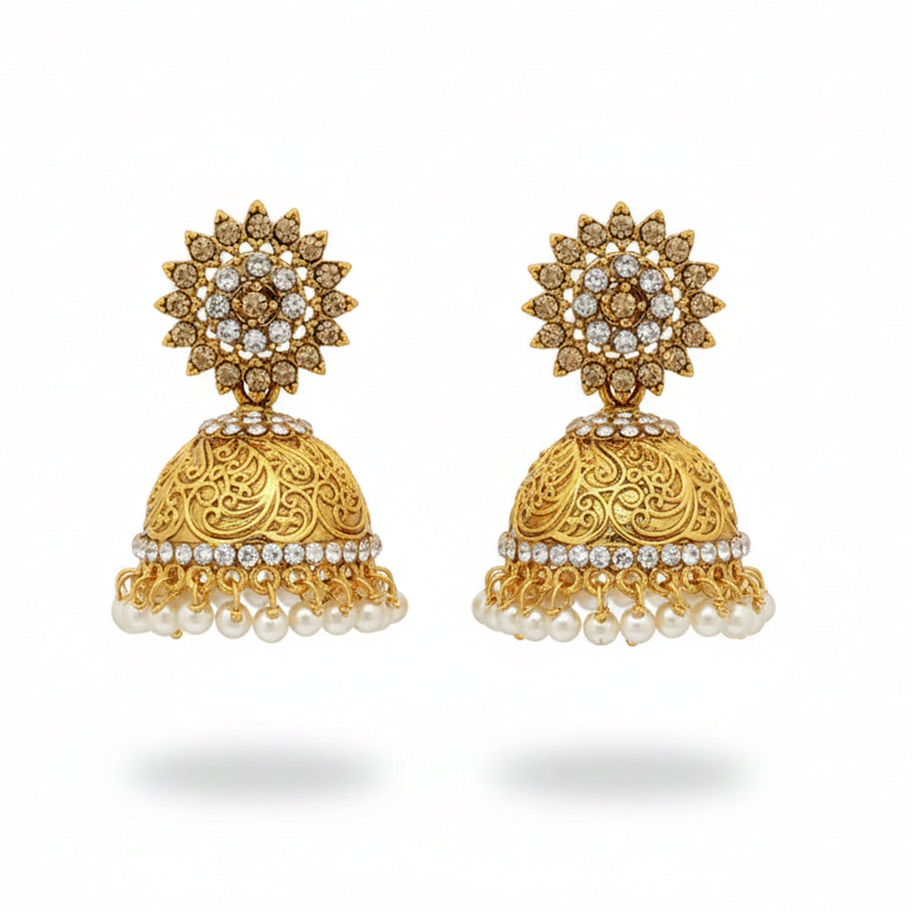Sunflower bell style antique jhumka earrings for girls with floral design.