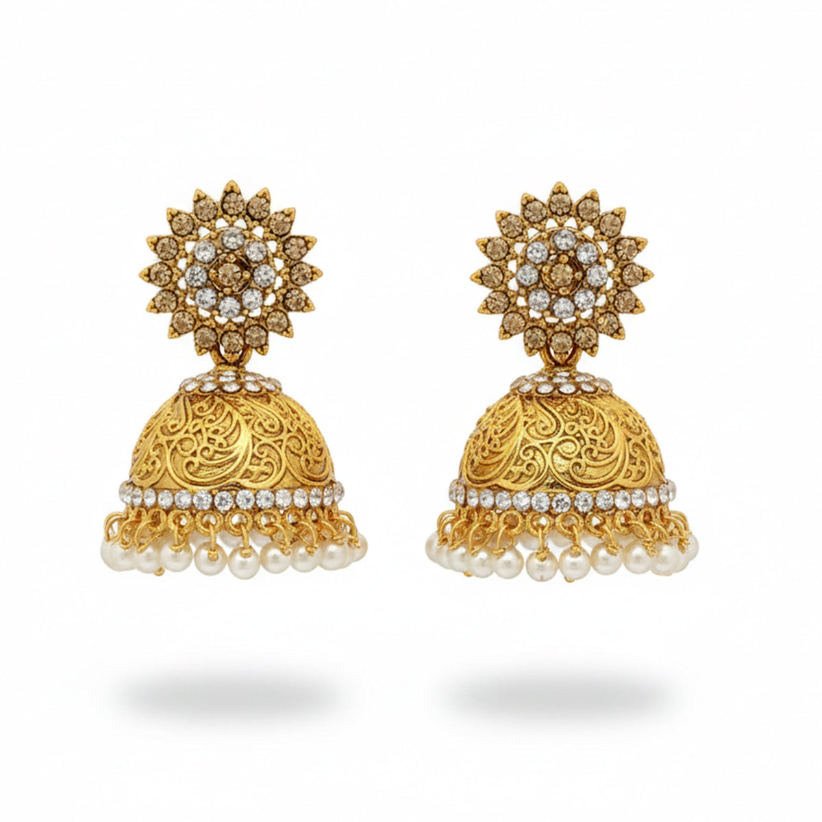 Sunflower bell style antique jhumka earrings for girls with floral design.