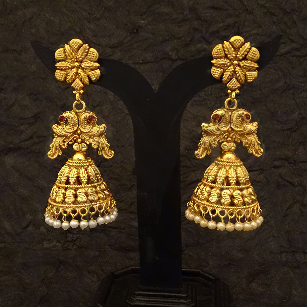 Classic dual peacock design jhumki earrings with a gold-tone finish.