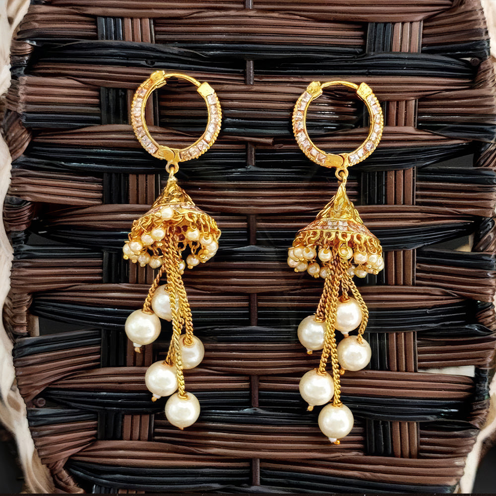 Round Bali Conical Jhumki earrings in gold and white with a traditional ethnic design.