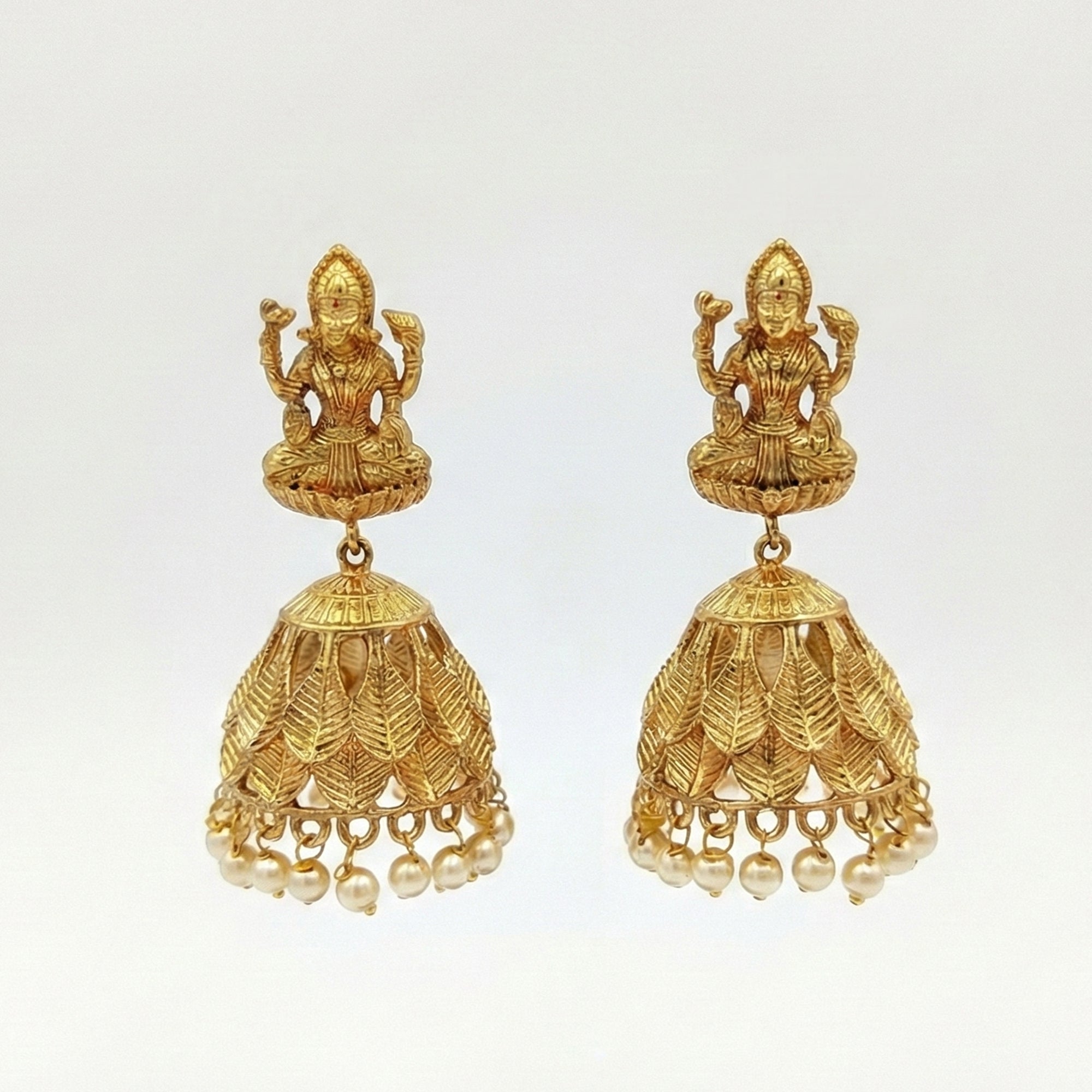 Goddess Laxmi Temple Jhumka Earrings with Ruby Leaf Details