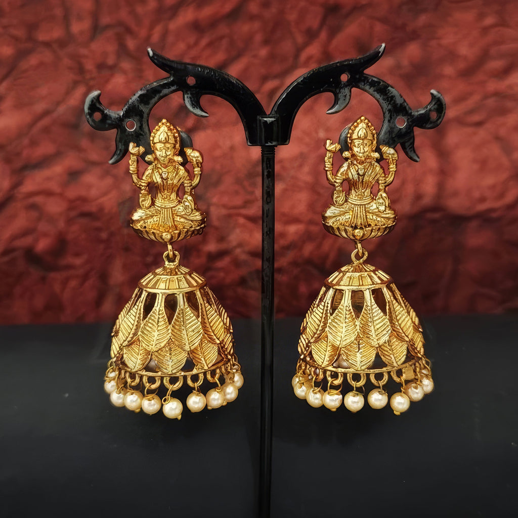 Goddess Laxmi Temple Jhumka Earrings with Ruby Leaf Details