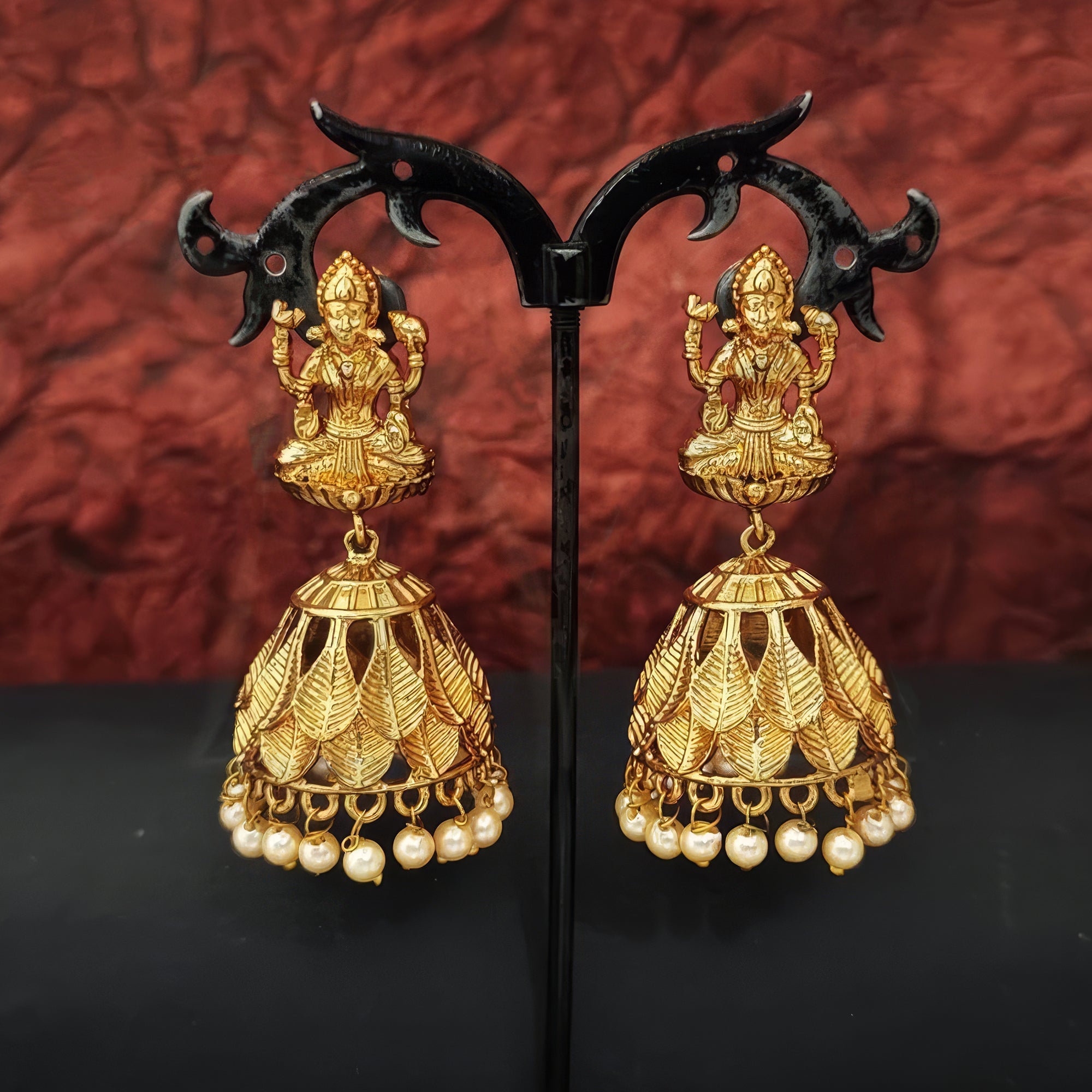 Goddess Laxmi Temple Jhumka Earrings with Ruby Leaf Details