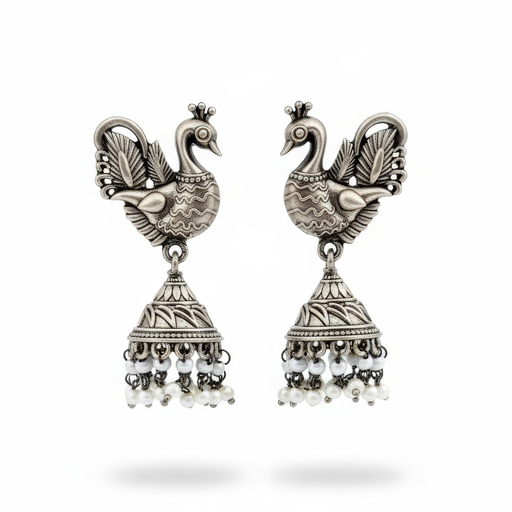 Peacock Design Oxidized Silver Jhumka Earrings in Antique Finish
