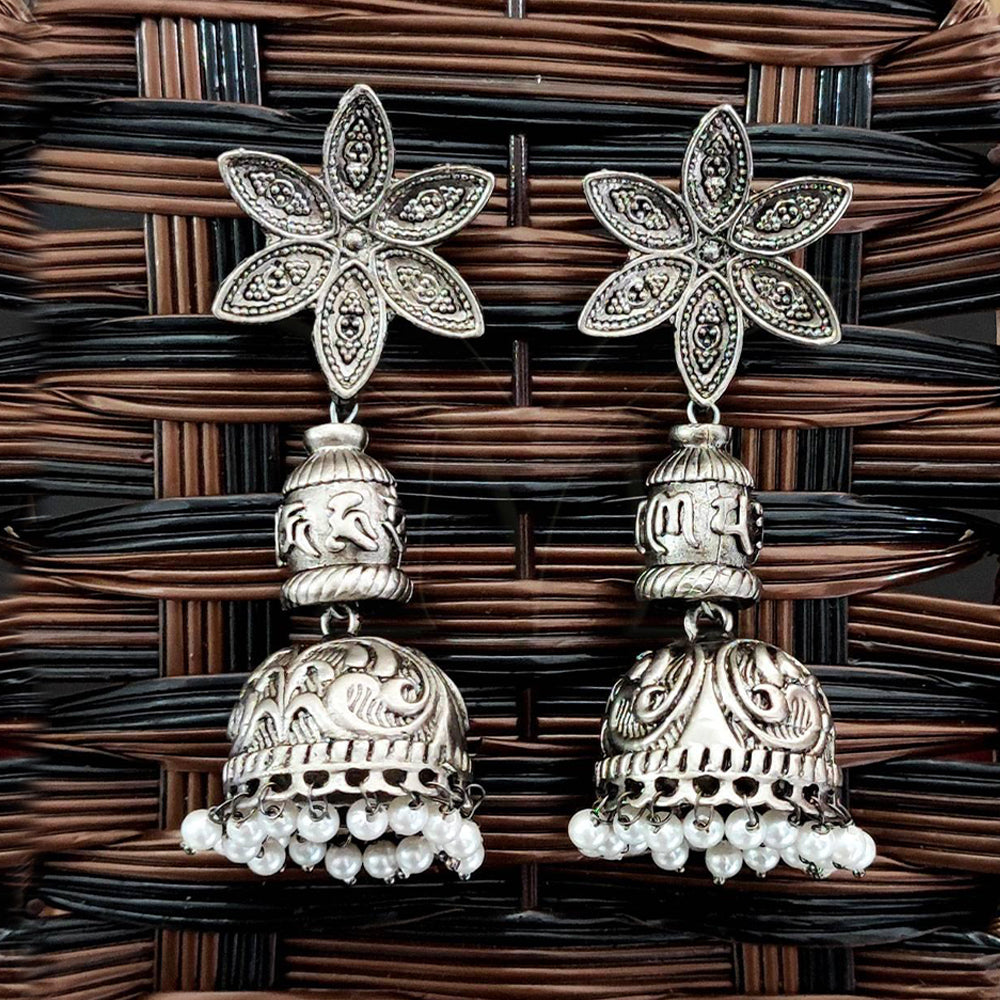 Oxidized silver floral Jhumka earrings with antique finish
