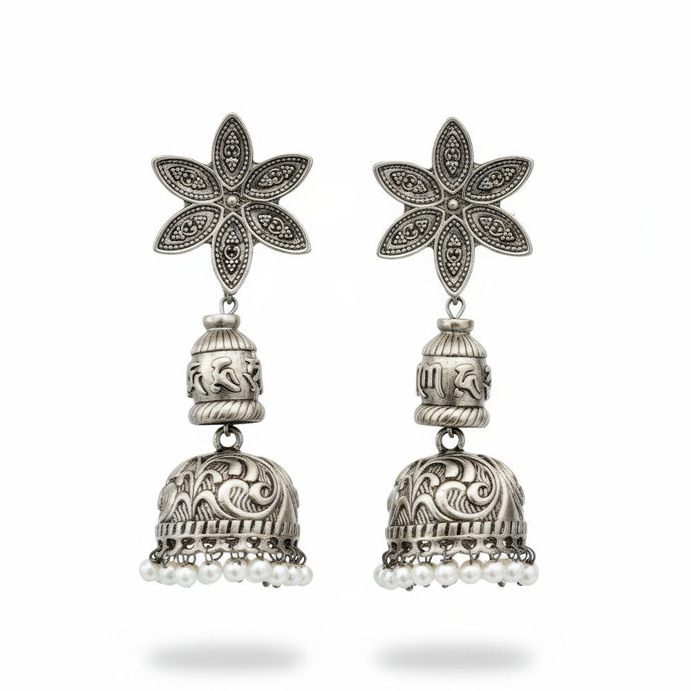 Oxidized Silver Flower Design Jhumka Earrings for Ethnic Style