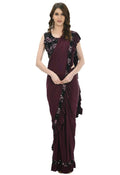 Wine and Black ruffled ready-to-wear saree with sequence embroidered blouse