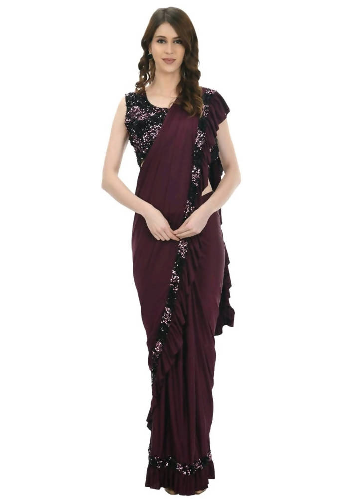 Wine and Black ruffled ready-to-wear saree with sequence embroidered blouse