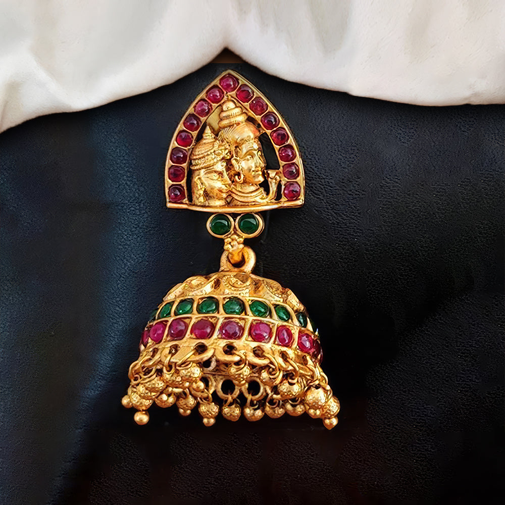 Shiv Parvati Temple Jhumka Earrings with Clustered Pearls