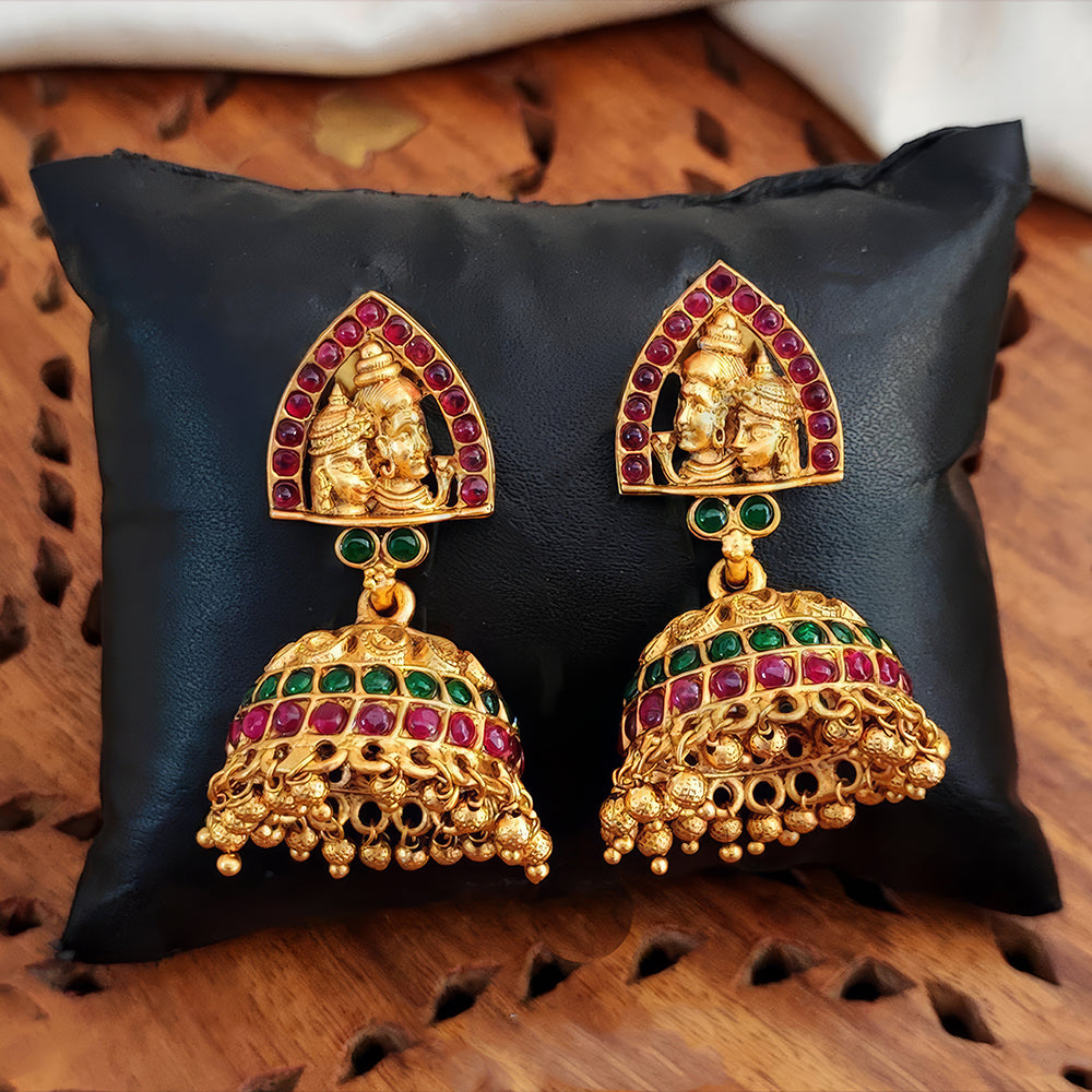 Shiv Parvati temple jhumka earrings in high gold polish with clustered pearls