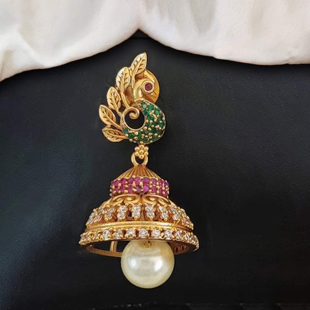Matte Gold Peacock Jhumka Earrings with Kemp Stones
