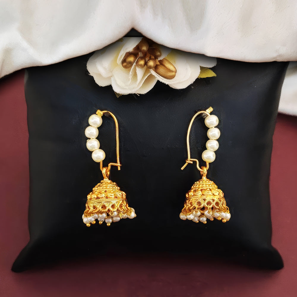Antique jhumka earrings with clustered pearls and high gold polish finish