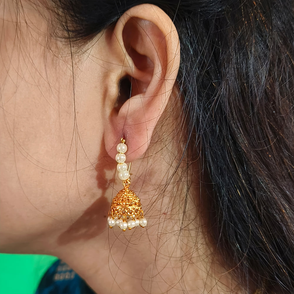 Antique Jhumka Earrings with Clustered Pearls - Gold Party Wear
