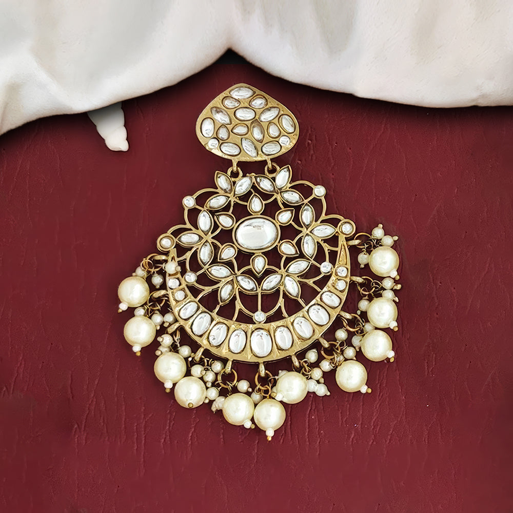 Antique Long Earrings with White Stones - Mehendi Polish Finish