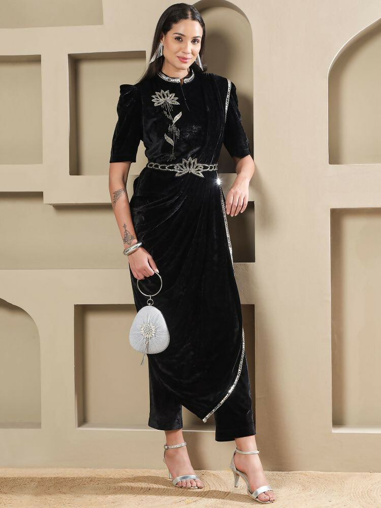 Black Velvet Hand Embellished Long Kurta Set