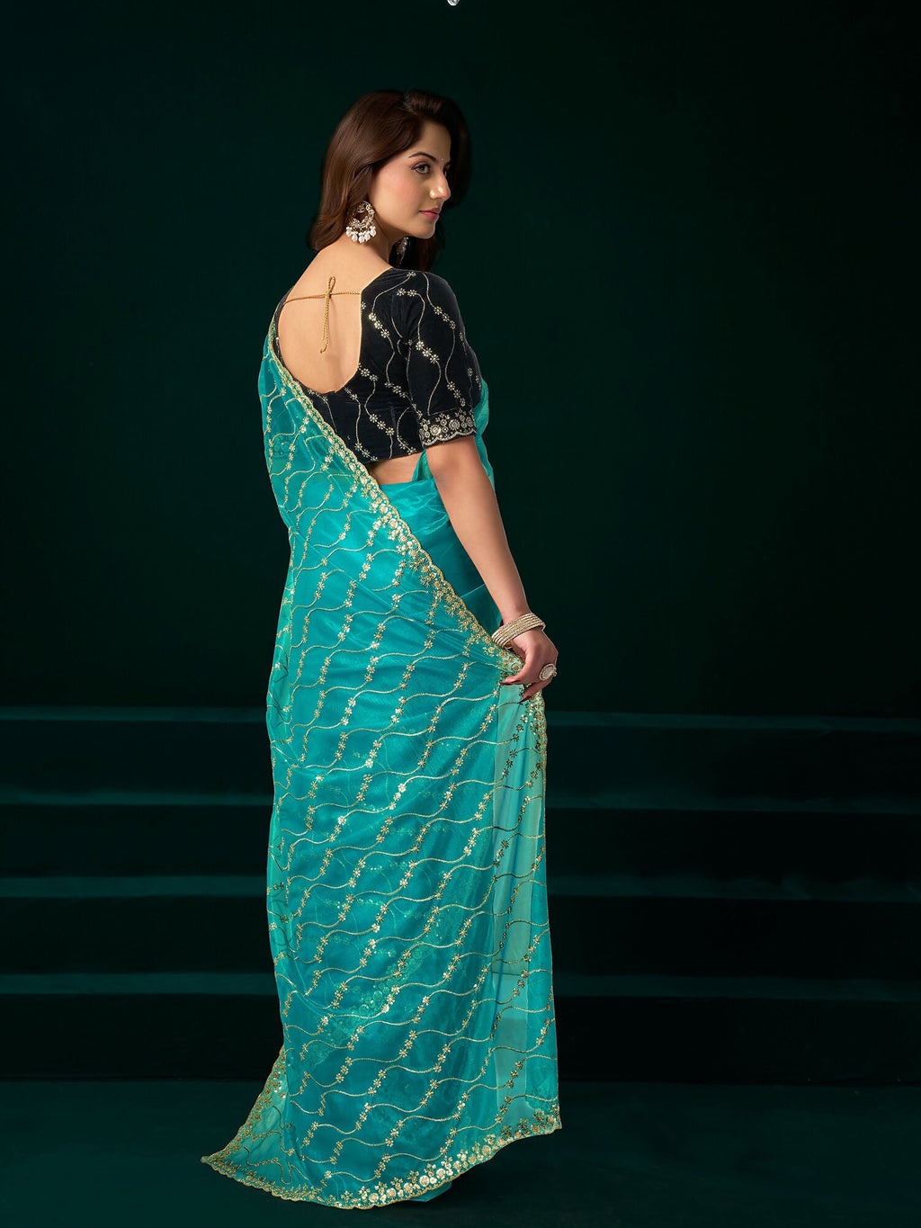 Turquoise Net Party Wear Saree with Black Velvet Blouse