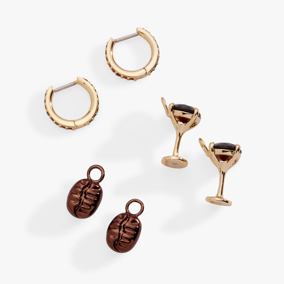 Espresso Martini interchangeable gold huggie hoop earrings with coffee bean and martini glass charms.