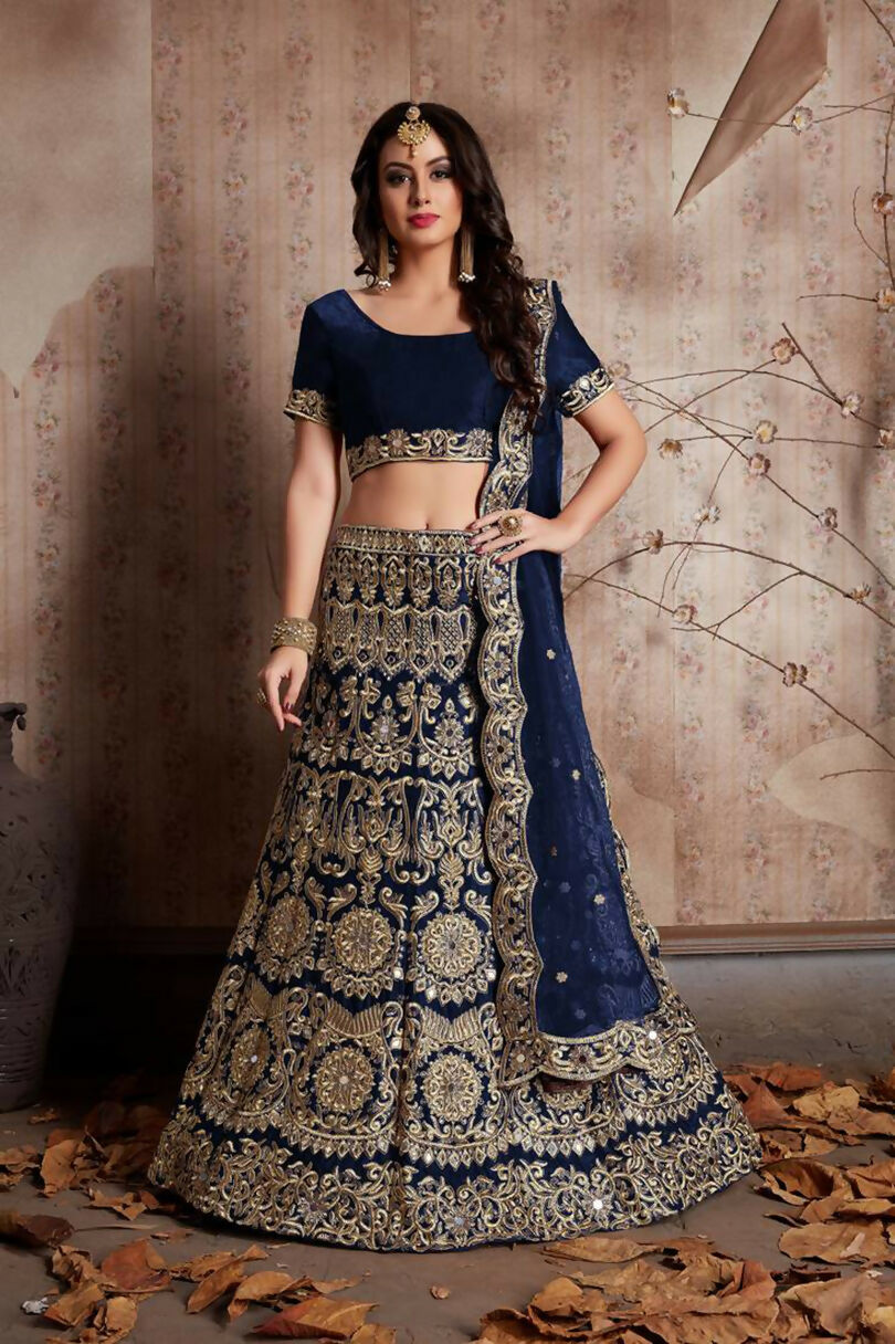 Navy Blue Sequins Embroidered Velvet Lehenga Choli Set