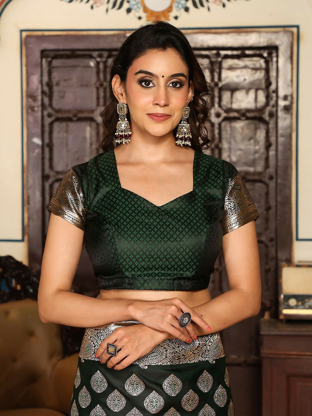 Dark Green Silk Saree with Matching Blouse Piece