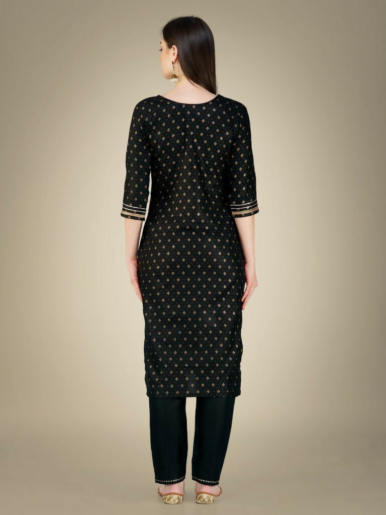 Women's Black Cotton Magic Slub Straight Kurta with Trouser & Dupatta