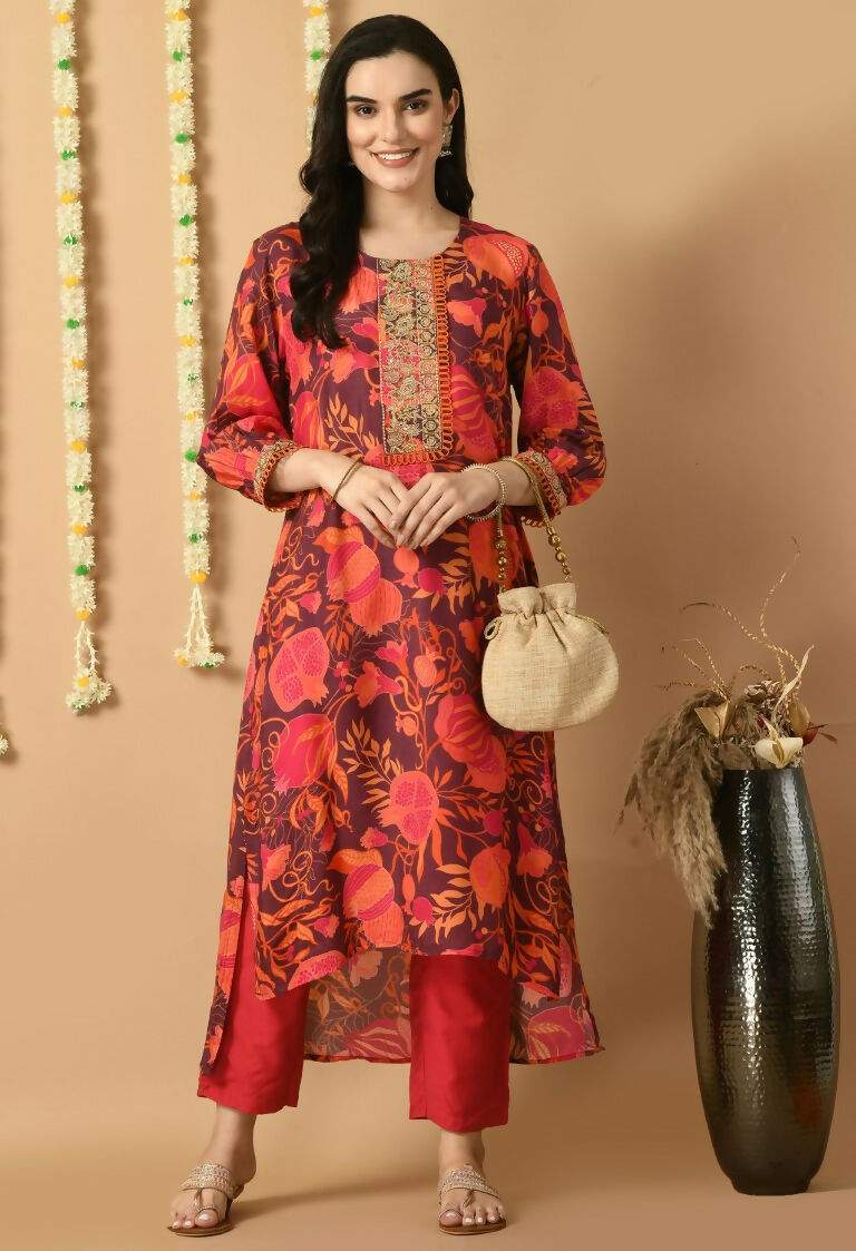 Red Maslin Kurta Set with Cotton Bottoms - 2-Piece Ethnic Wear