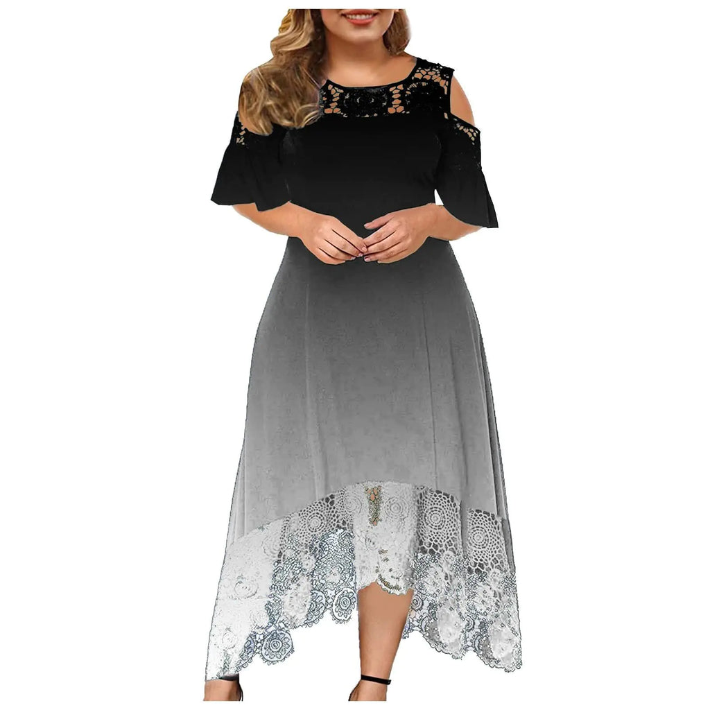 Women's Off-Shoulder Lace Trim Gradient High-Low Dress - Image 18