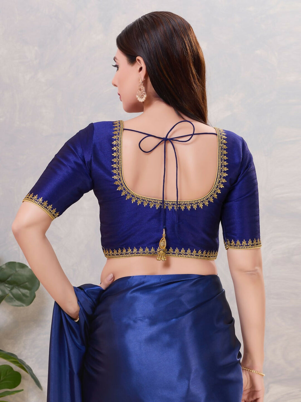 Navy-Blue Silk Stitched Blouse with Embroidery