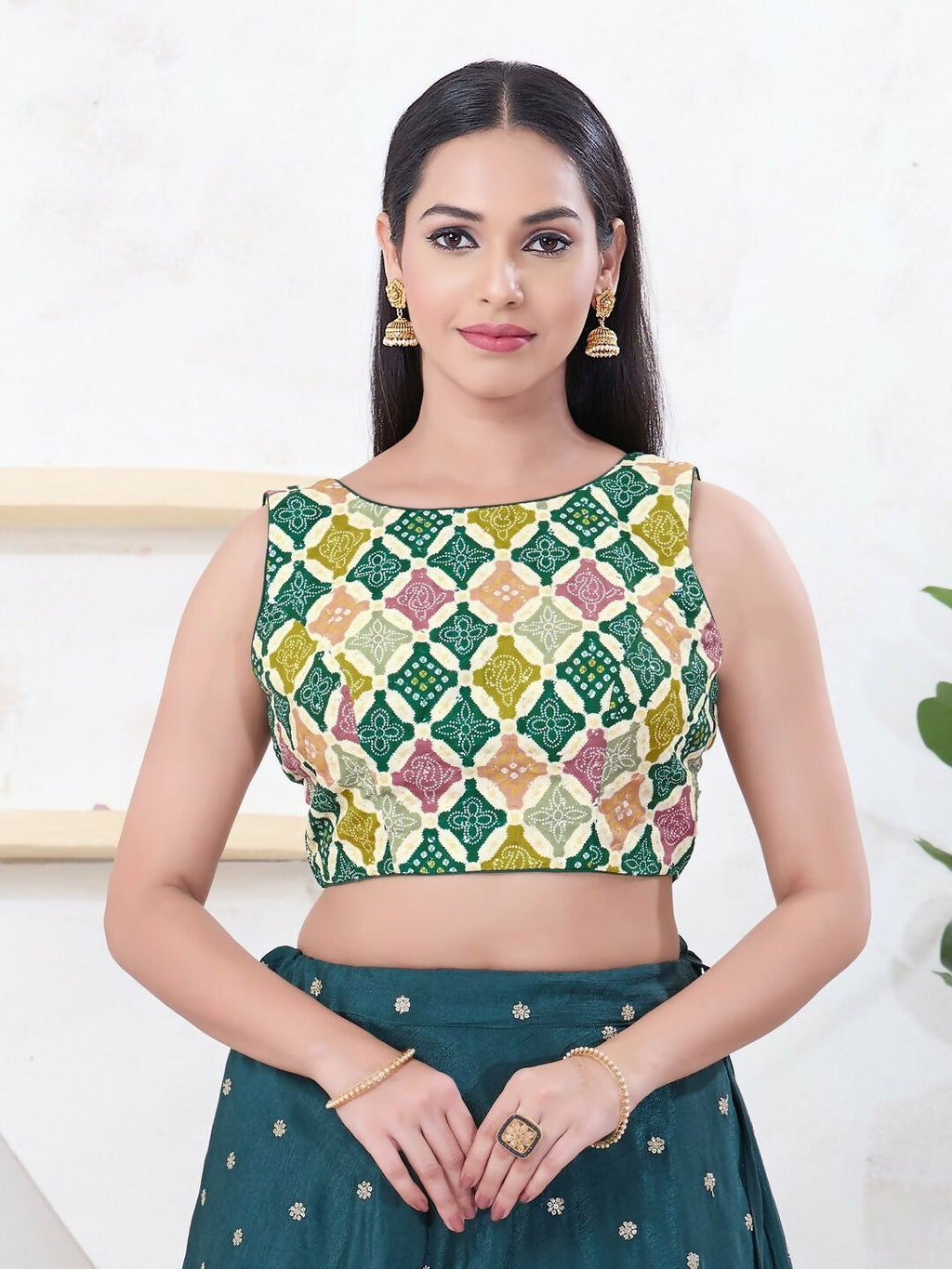 Green Bandhani Sleeveless Boat Neck Back Open Blouse