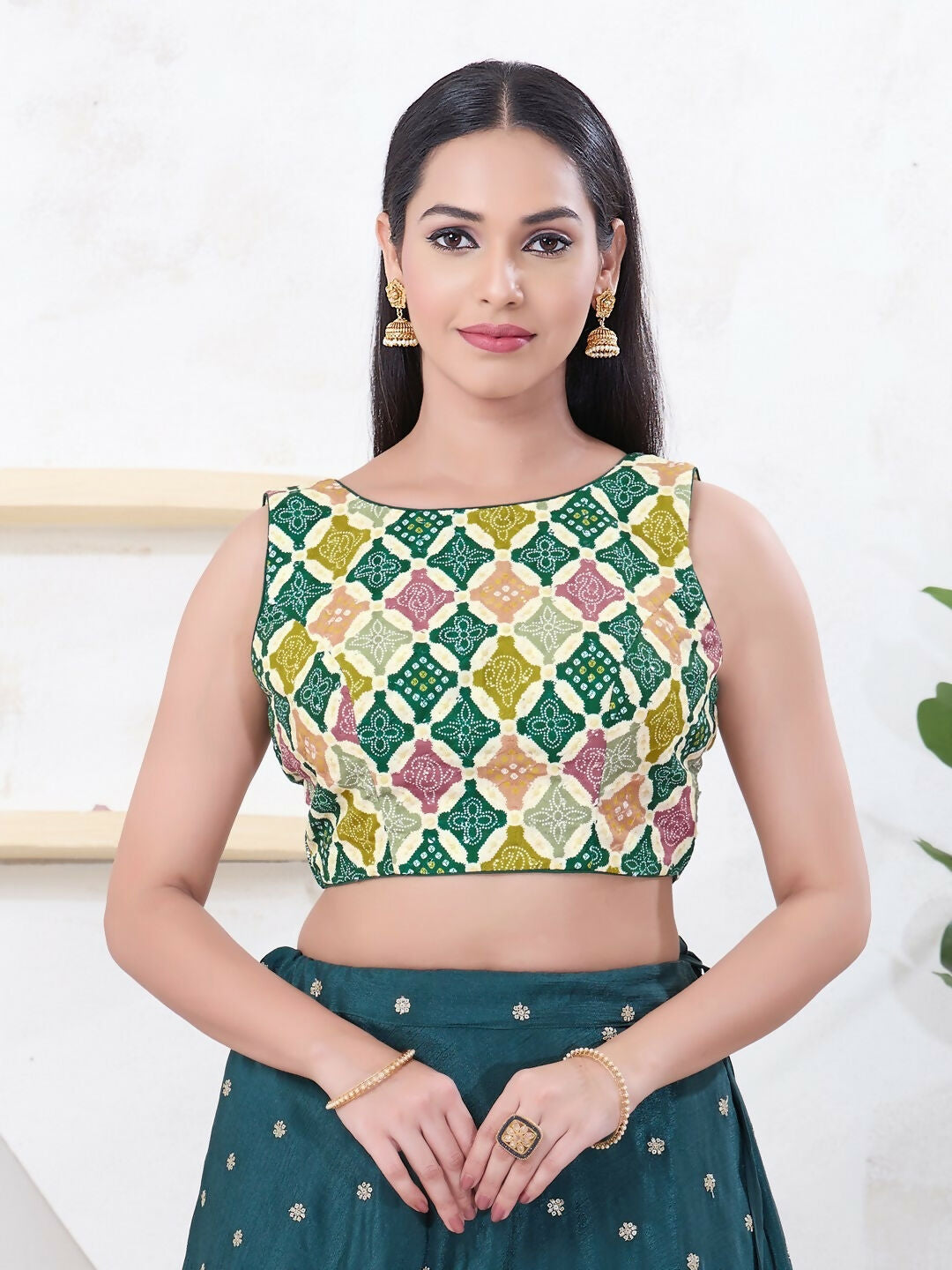 Green Bandhani Sleeveless Boat Neck Back Open Blouse