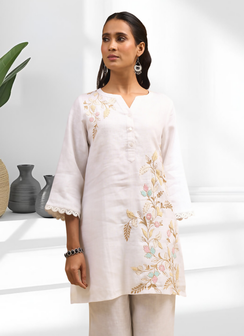 Off White Linen Embroidered Cord Set for Festive and Casual Wear