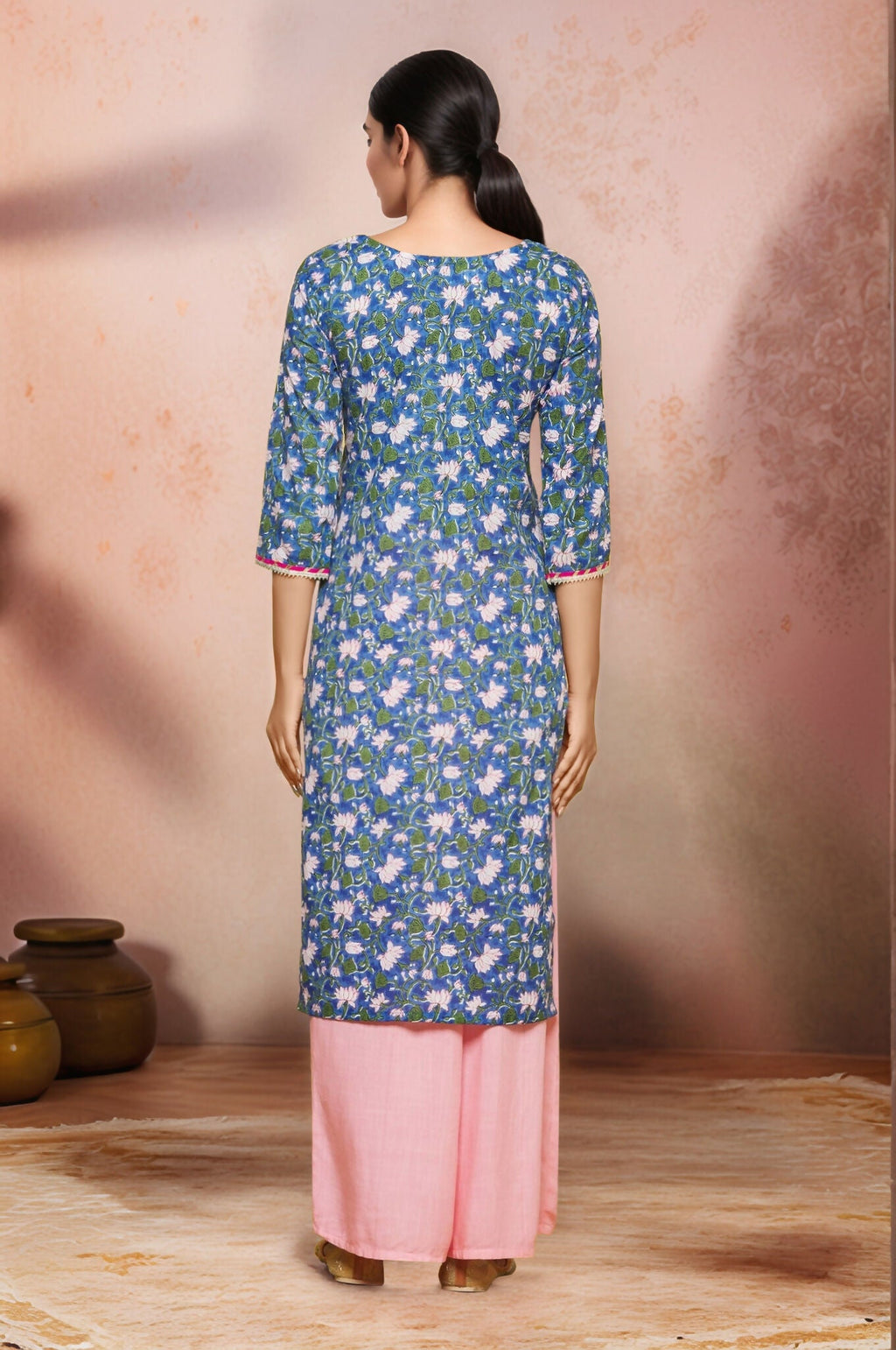 Blue Floral Print Cotton Kurti with Delicate Lace Neck Detail