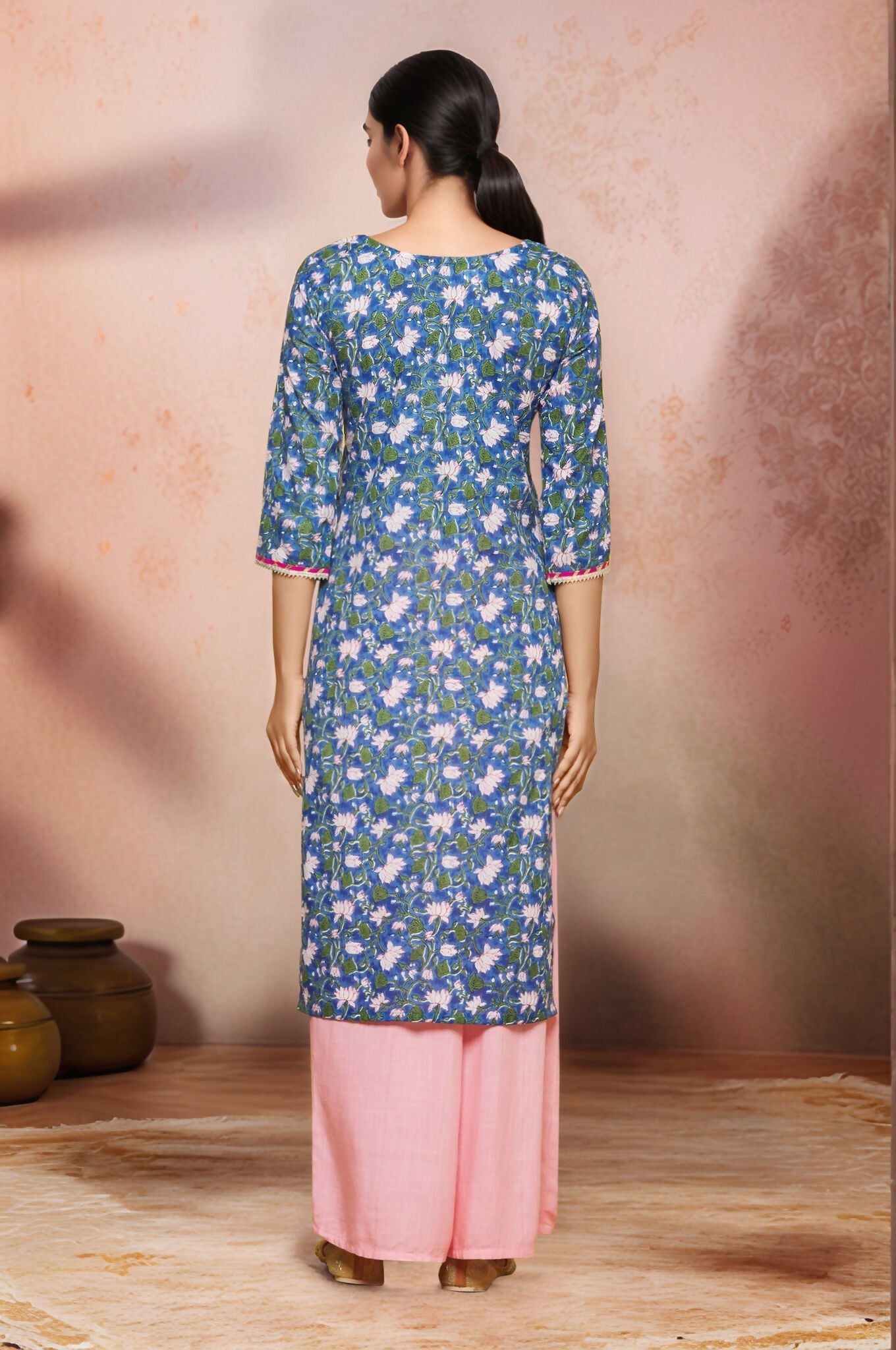 Blue Floral Print Cotton Kurti with Delicate Lace Neck Detail