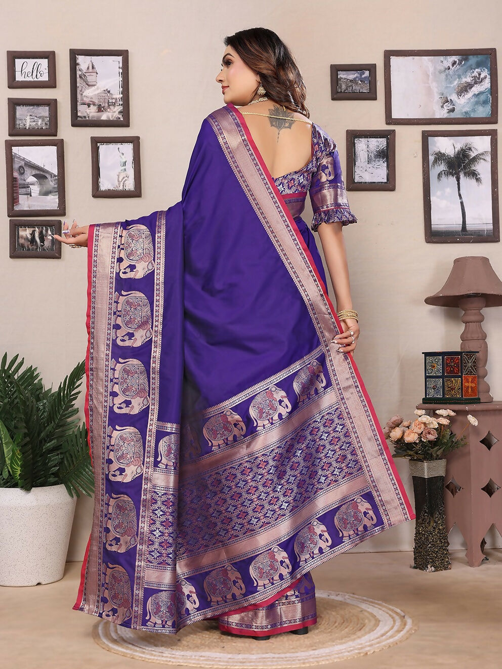 Royal Blue Solid Banarasi Brocade Silk Saree with Blouse